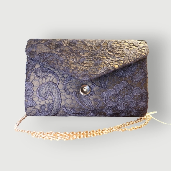 WOMENS ELEGANT FLORAL LACE CLUTCH HAND BAG WITH CHAIN STRAP - Picture 7 of 16